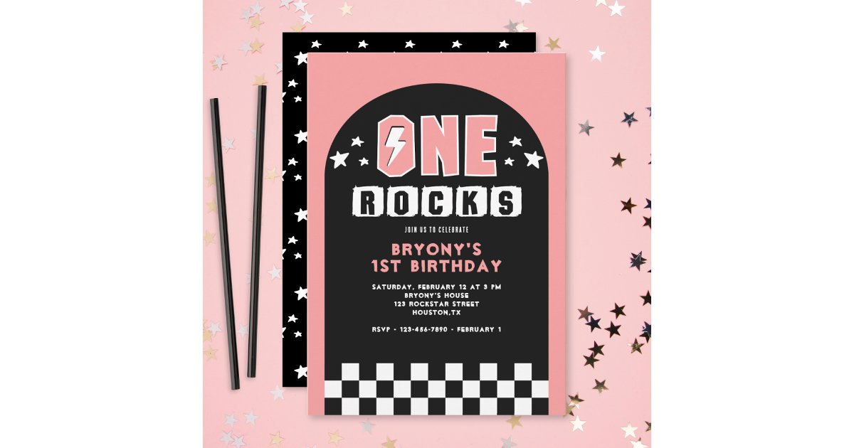 One Rocks Pink 1st Birthday Party Invitation | Zazzle