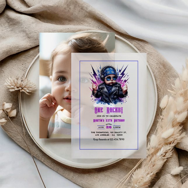 "One Rocks!" Rock Star 1st Birthday Photo Vellum Invitations ("One Rocks!" Rock Star 1st Birthday Photo Vellum Invitations)