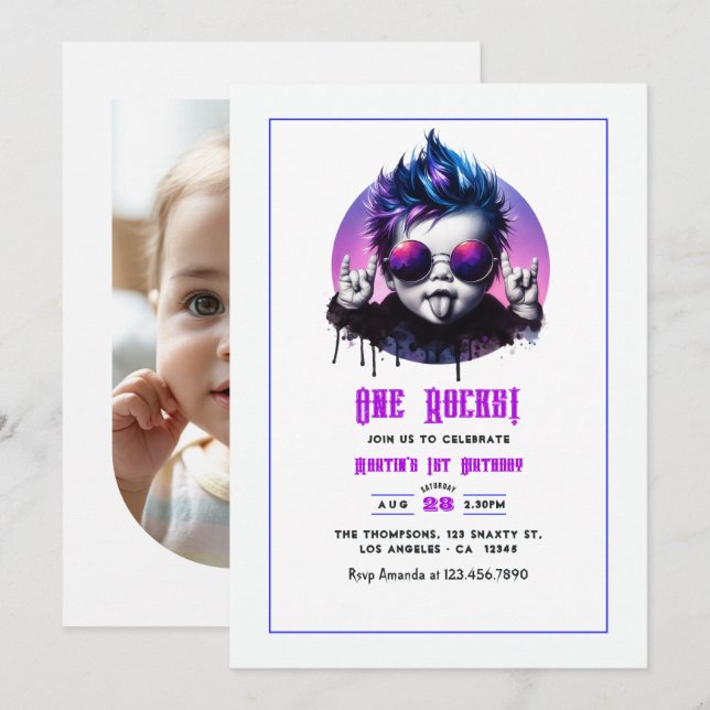 One Rocks! Rockstar 1st Birthday Party Photo Invitation (Front/Back)