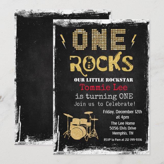 One Rocks Rockstar Drumset 1st Birthday Invitation (Front/Back)