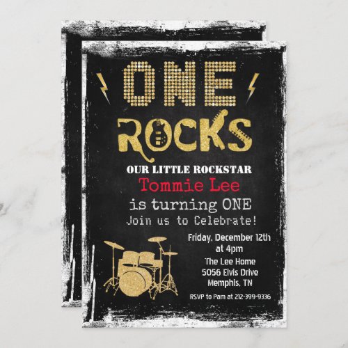 One Rocks Rockstar Drumset 1st Birthday Invitation