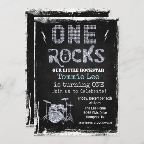 One Rocks Rockstar Drumset 1st Birthday Invitation