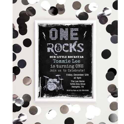 One Rocks Rockstar Drumset 1st Birthday Invitation