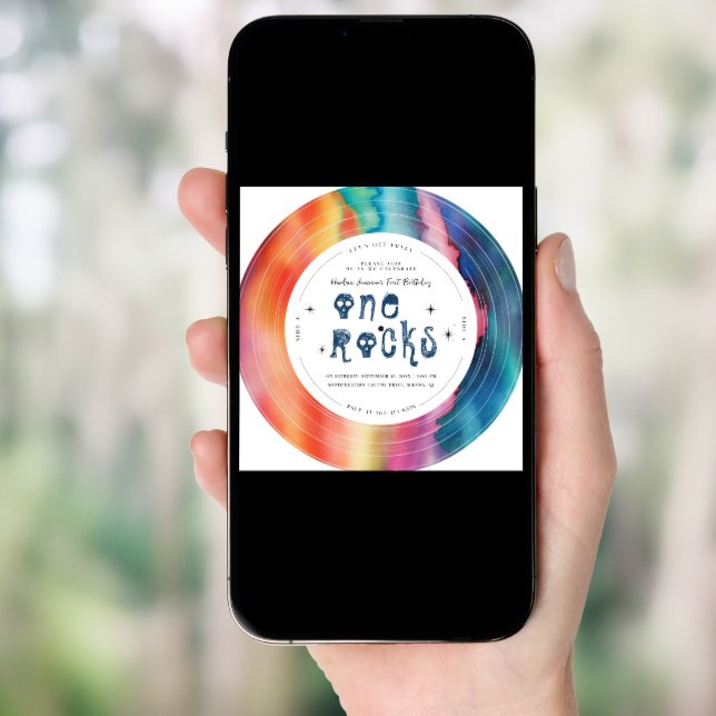One Rocks | Tie Dye Rock'n'roll Vinyl Record Invitation (Front Digital)