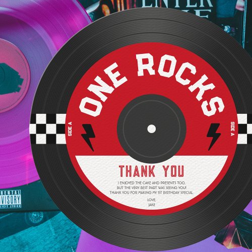 One Rocks Vinyl Record Rock n Roll 1st Birthday Thank You Card