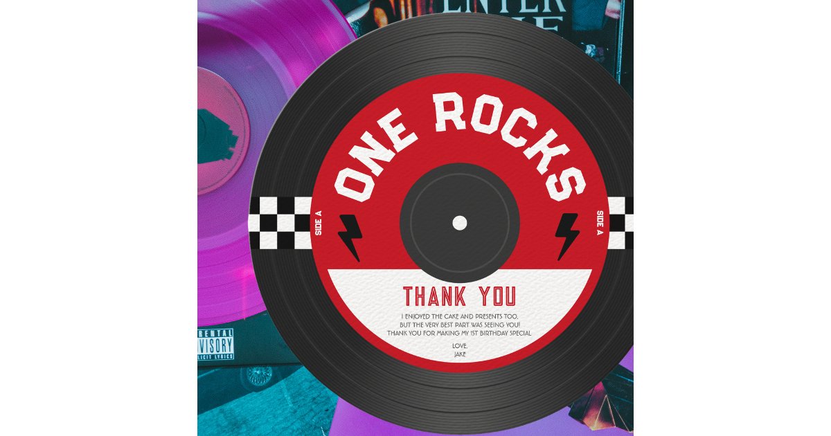 One Rocks Vinyl Record Rock n Roll 1st Birthday Thank You Card | Zazzle