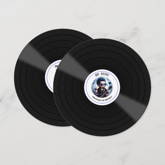 "One Rocks!" Vinyl Record Rock Star 1st Birthday Invitation (Front/Back)