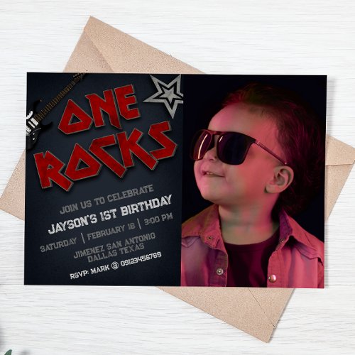 One Rocks with Picture _  1st Birthday  Invitation
