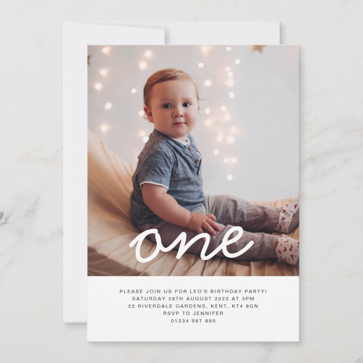 One Script Photo First Birthday Invitation | Zazzle