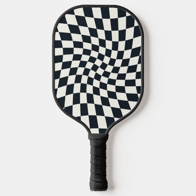 One Side Retro Black White Warped Check Checkered  Pickleball Paddle (Front)