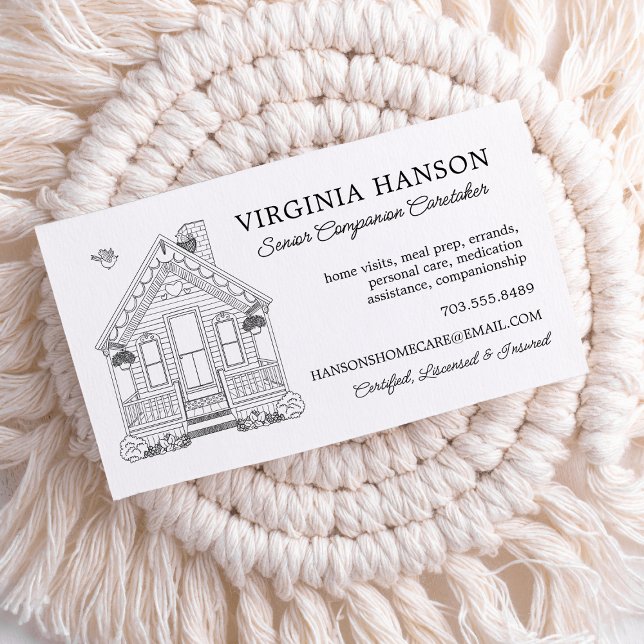 One Sided House Drawing Caregiver Services Business Card (Classy Cute Home Caregiver Business Card)