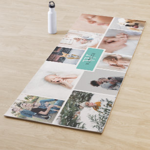 One Sided Teal Monogram Family Photo Collage Yoga Mat