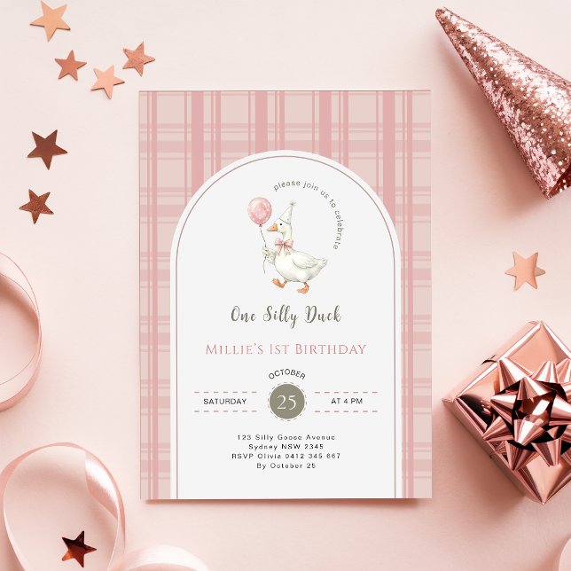 One Silly Duck Pink Bow Gingham 1st Birthday Party Invitation (Creator Uploaded)