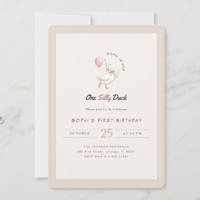 One Silly Duck Pink Bow Tie First Birthday Invitation (Front)