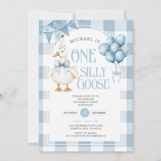 One Silly Goose 1st Birthday Balloon Blue Gingham  Invitation