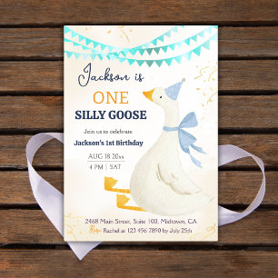 One silly goose 1st birthday blue cool cute boy invitation