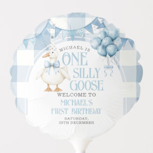 One Silly Goose 1st Birthday Blue Gingham  Balloon