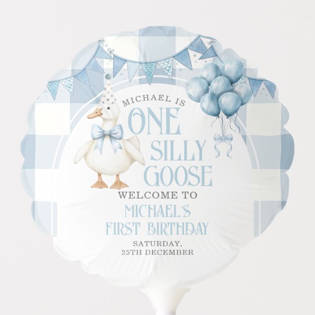 One Silly Goose 1st Birthday Blue Gingham  Balloon (Front)