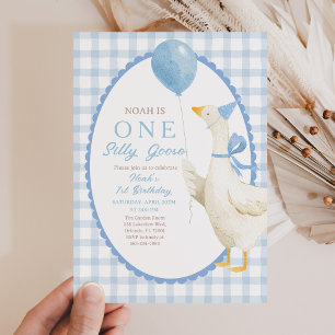 One Silly Goose 1st Birthday: Blue Gingham  Invitation