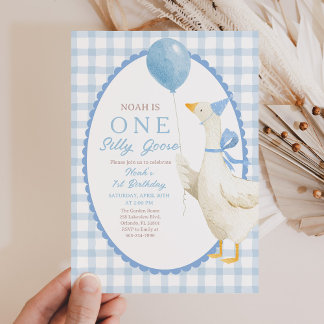 One Silly Goose 1st Birthday: Blue Gingham  Invitation