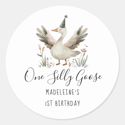 One Silly Goose 1st Birthday Cute Watercolor Classic Round Sticker