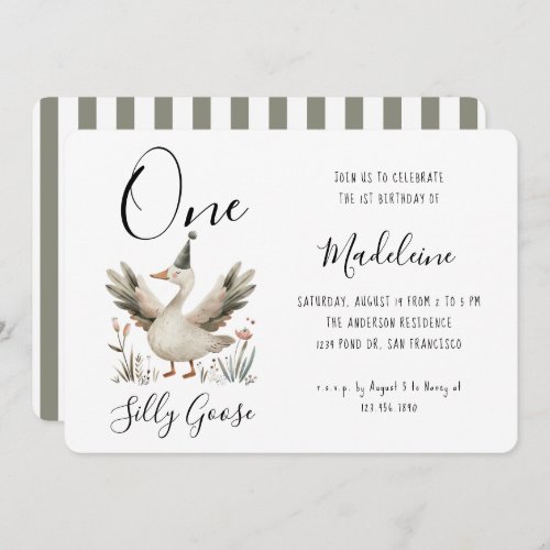 One Silly Goose 1st Birthday Cute Watercolor Invitation
