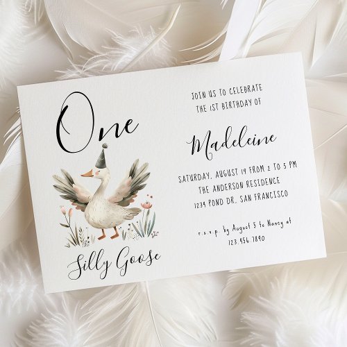 One Silly Goose 1st Birthday Cute Watercolor Invitation