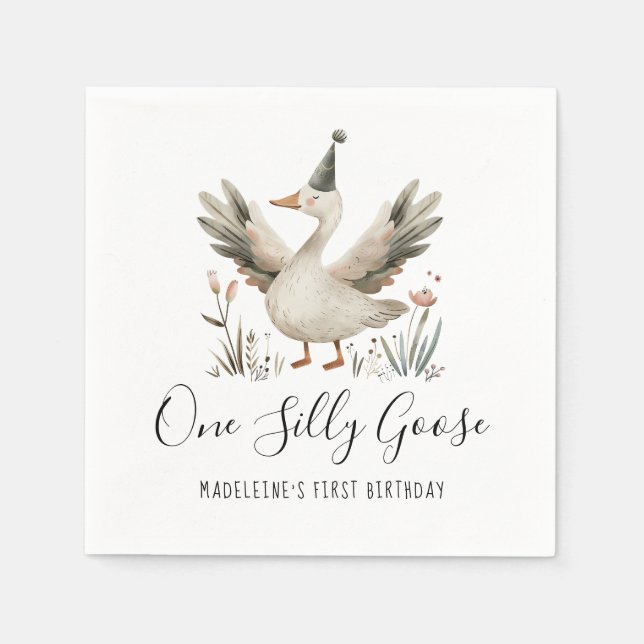 One Silly Goose 1st Birthday Cute Watercolor Napkins (Front)