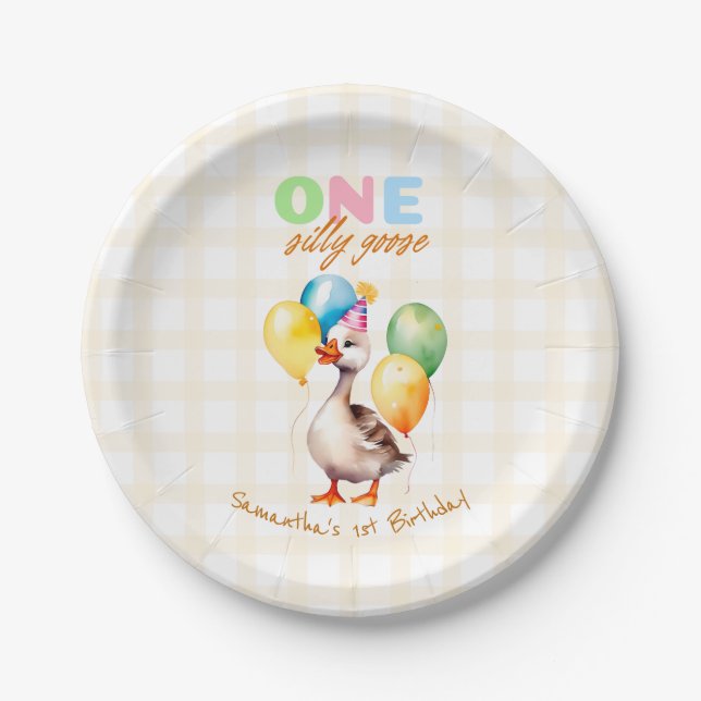 One Silly Goose 1st Birthday Gender Neutral Yellow Paper Plates (Front)