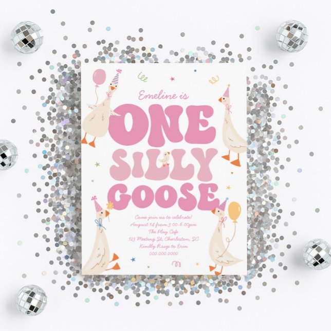 One Silly Goose 1st Birthday Invitation Girl Pink  (Creator Uploaded)