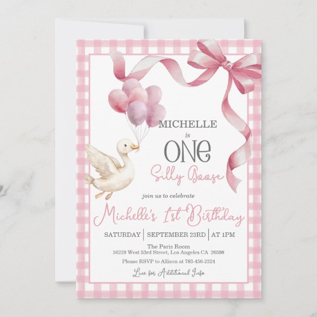 One Silly Goose 1st Birthday Invitation - Pink (Front)