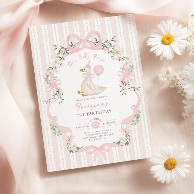 One Silly Goose 1st Birthday Invitation, Pink Bow  Invitation (Creator Uploaded)