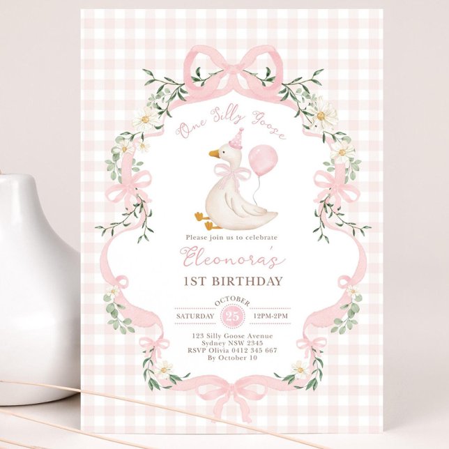 One Silly Goose 1st Birthday Invitation: Pink Ging Invitation (Creator Uploaded)