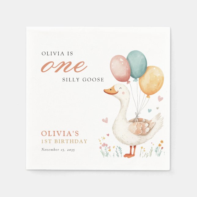 One Silly Goose 1st Birthday Party Napkins (Front)