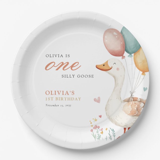 One Silly Goose 1st Birthday Party Paper Plates (Front)