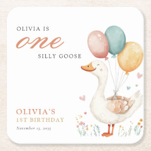 One Silly Goose 1st Birthday Party Square Paper Coaster
