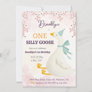 One silly goose 1st birthday pink floral girl cute invitation