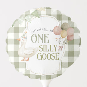One Silly Goose 1st Birthday Sage Green Gingham Balloon