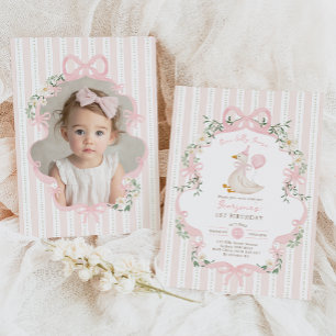 One Silly Goose 1st Birthday Vintage Bow Floral Invitation