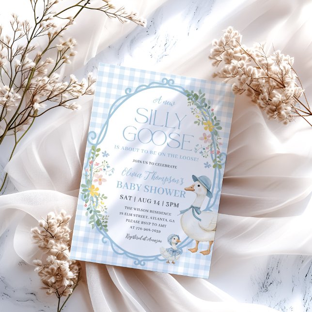 One Silly Goose Baby Shower Blue Gingham Invitation (Creator Uploaded)