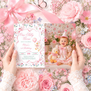 One Silly Goose Balloon Girl 1st Birthday Photo Invitation