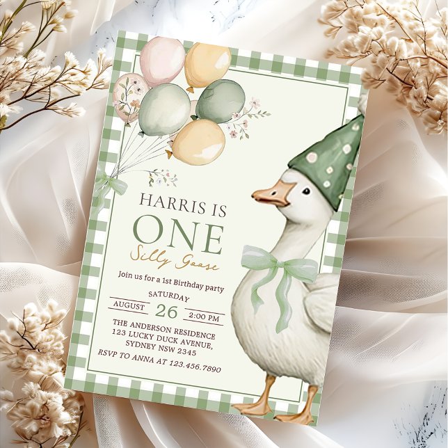 One Silly Goose Balloon Green Gingham 1st Birthday Invitation (Creator Uploaded)