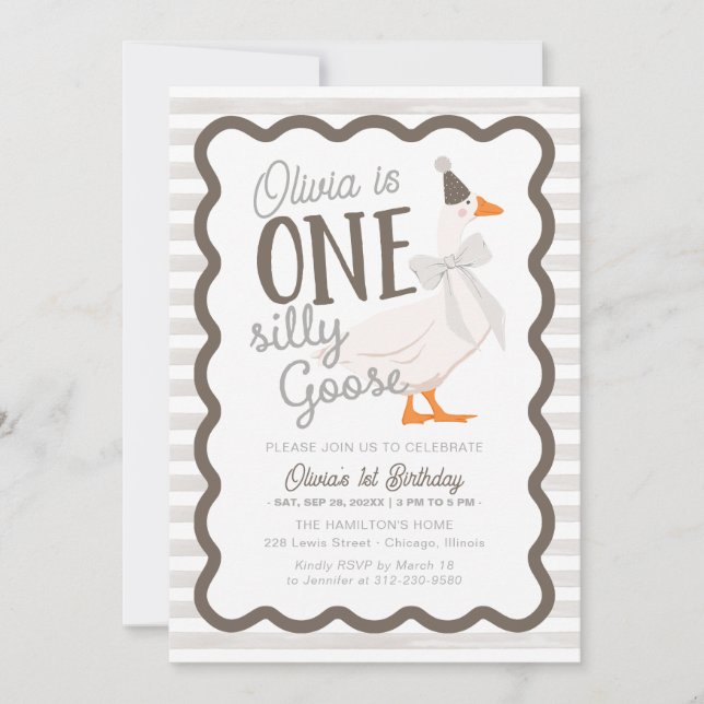 One Silly Goose Beige Bow 1st Birthday Invitation (Front)