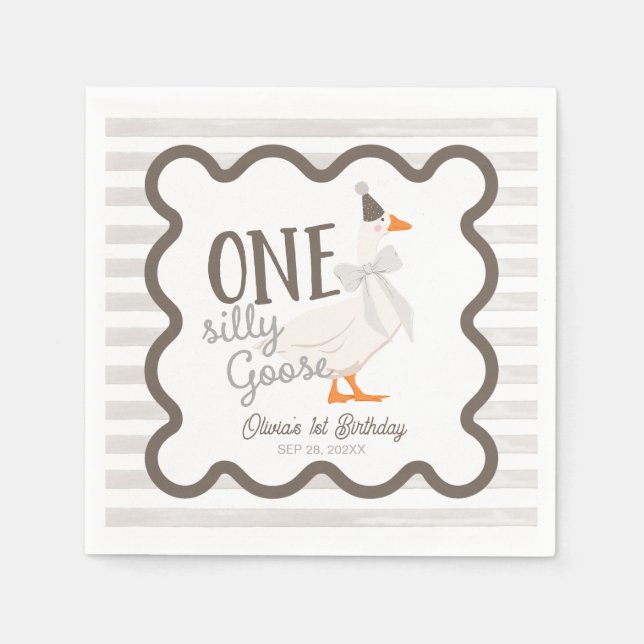 One Silly Goose Beige Bow 1st Birthday Napkins (Front)