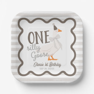 One Silly Goose Beige Bow 1st Birthday Paper Plates