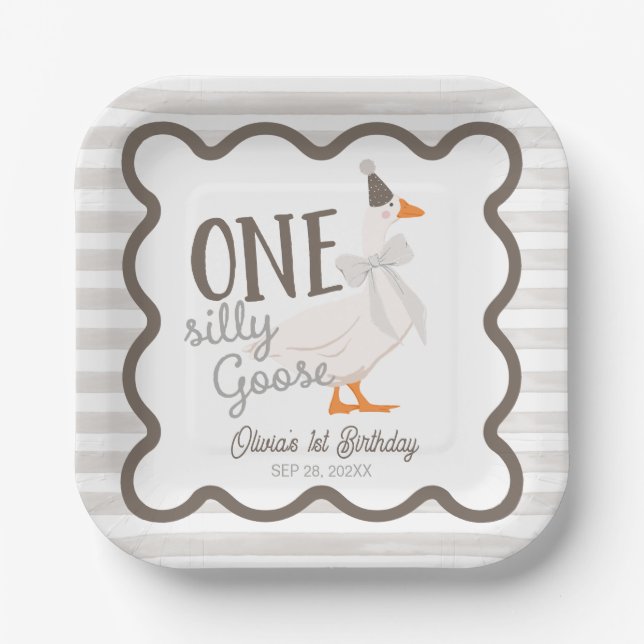 One Silly Goose Beige Bow 1st Birthday Paper Plates (Front)