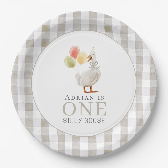 One Silly Goose Beige Gingham 1st Birthday Paper Plates (Front)