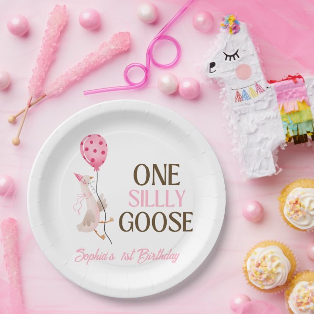 One Silly Goose Birthday, Girl 1st Birthday Pink Paper Plates (Party)