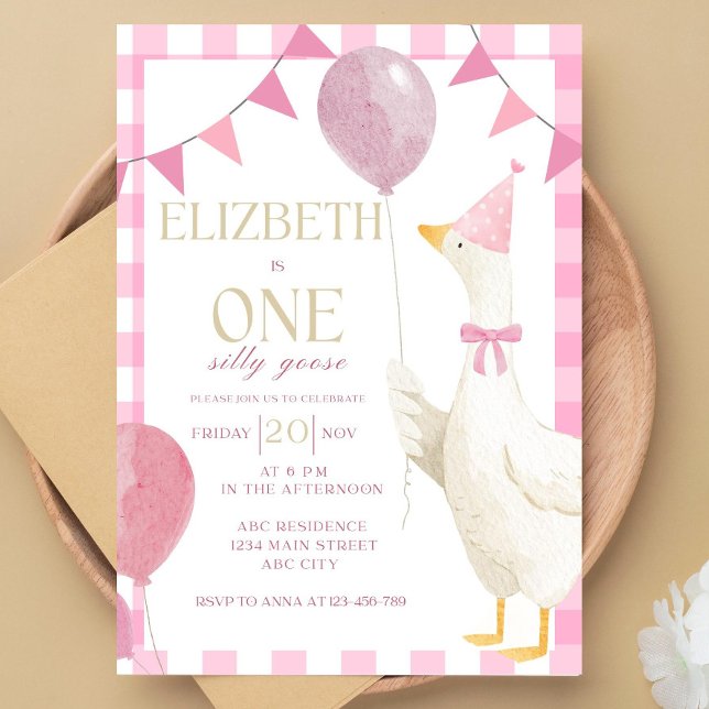 One Silly Goose Birthday Invitation Pink Gingham  (Creator Uploaded)