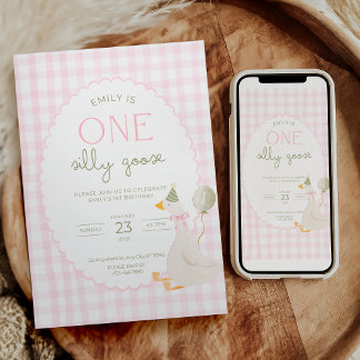 One Silly Goose Birthday Invite Pink Gingham